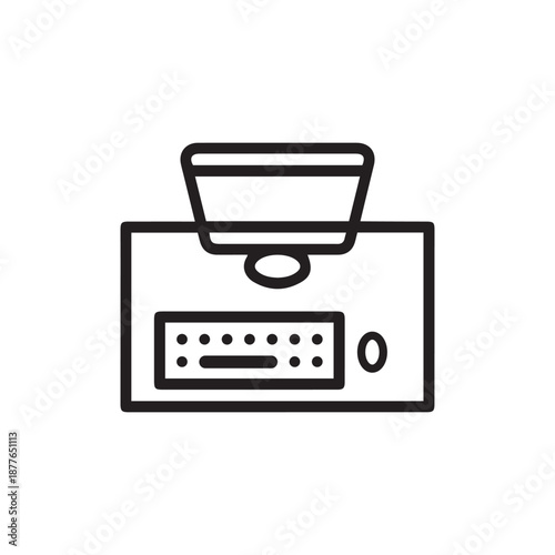 Desktop computer top view outline icon. linear style sign for mobile concept and web design. Monitor with keyboard and mouse on desk, view from above simple line vector icon. Symbol, logo illustration