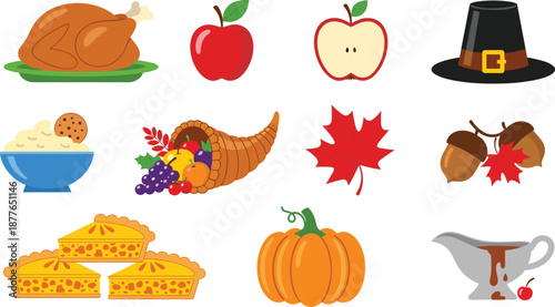 Thanksgiving and Autumn Icons Set with Turkey, Pumpkin, Pie, Apples, Cornucopia, Fall Leaves and Traditional Holiday Food Illustration Collection Design
