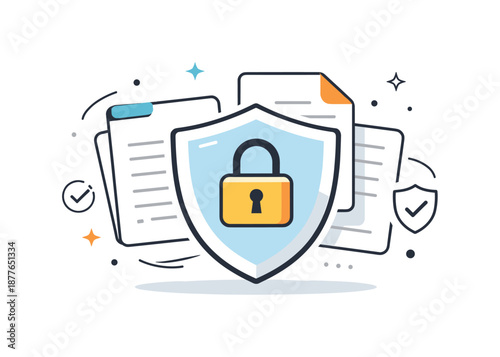 Data Security Illustration. Secure data handling. Abstract files protected by a shield and lock. Feeling of safety and compliance, clean lines and subtle