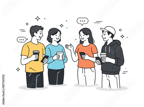 Casual Coffee Chat. Friends hanging out conversation. Friends standing in a small circle chatting with coffee cups and phones. Easy communication and everyday