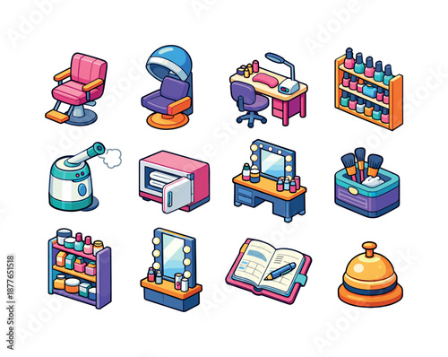 Isometric Beauty Salon Icons. beauty salon. Colorful isometric vector icons set of beauty salon: salon chair, hairdryer dome, manicure table, nail polish rack,