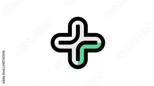 Stylized plus symbol icon in black with white and green accents. Geometric, modern, healthcare, medical themed