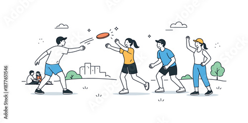 Frisbee Fun in Park. Group playing frisbee park scene. People enjoying a casual game in a green park with open space around. Leisure time and social