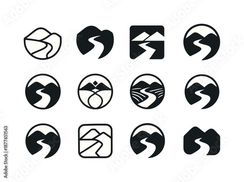 Lush Valley Icons. Lush Valley. Icon set. Set Logo of Lush Valley: winding valley path. harmonious logo variations of the same emblematic concept, each with