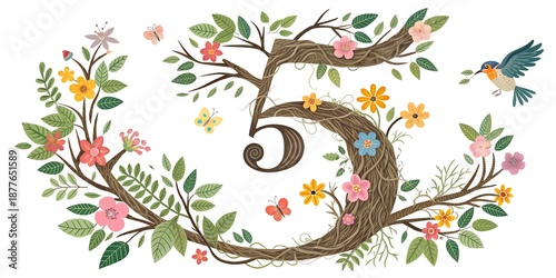 numbers created in floral background with birds