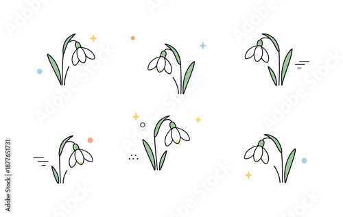 Elegant Snowdrop Vectors. Snowdrop Flower Vectors. Minimal floral composition with single snowdrop blossoms spaced evenly across the scene. Quiet and elegant