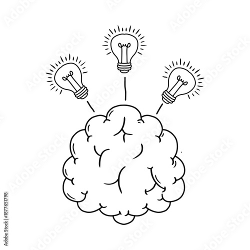 Hand drawn doodle style human brain with light bulbs illustration creative thinking concept isolated on white background