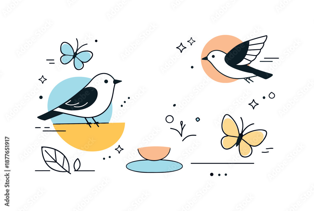 Fototapeta premium Abstract Nature Harmony. Abstract nature composition. Stylized birds and butterflies combined with soft geometric shapes, creating a modern