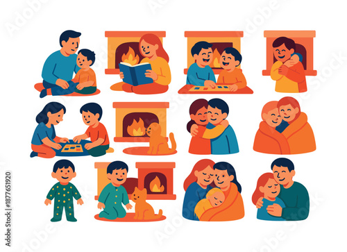 Cozy Family Moments. Family fireplace time. Colorful flat vector icons set of family fireplace time: parent with child, shared storytime, laughter by fire,
