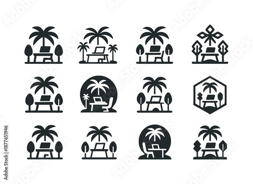 Digital Nomad Logos. Digital Nomad Communities and Remote Workspaces. Icon set. Set Logo of digital nomad communities and remote workspaces: coworking desk