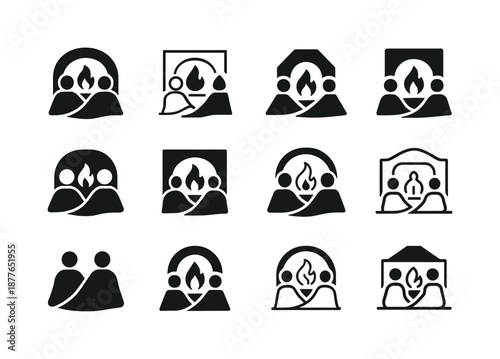 Cozy Fireplace Icons. People enjoying a warm fire in the fireplace. Icon set. Set Logo of people enjoying a warm fire in the fireplace: blanket and firelight.