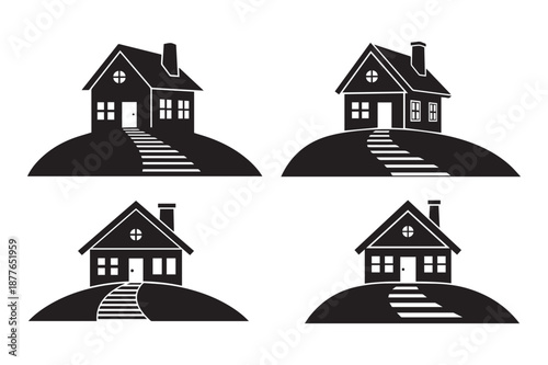 Traditional House Silhouette Icon in Black and White on a Hill