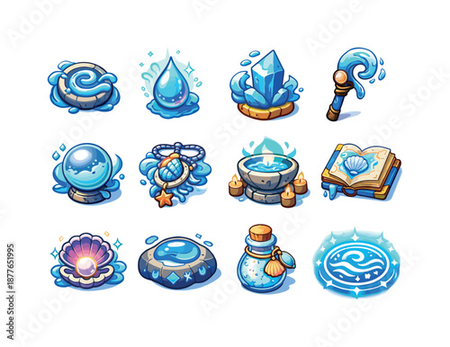 Ancient Water Magic Icons. Ancient water magic. Colorful isometric vector icons set of ancient water magic: swirling water rune, enchanted droplet, tidal