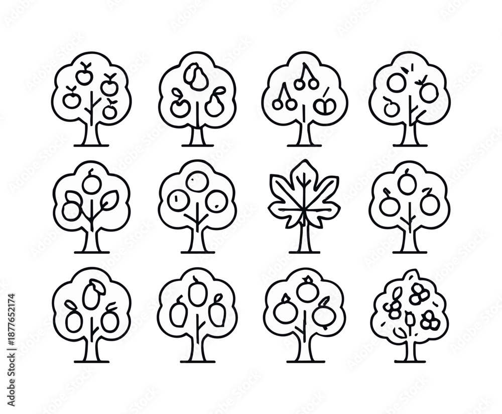 Obraz premium Fruit Tree Icons. Fruit trees. Line icon set of Fruit trees: apple tree, pear tree, cherry tree, peach tree, plum tree, citrus tree, fig tree, olive tree,