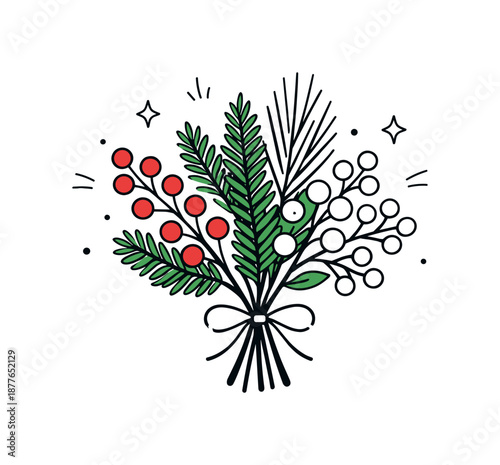 Winter Bouquet Illustration. Seasonal winter bouquet illustration. Clean composition of fir branches, pine needles, and berries tied with a simple ribbon,
