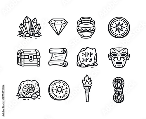 Cave Treasure Icons. Hidden cave treasures. Line icon set of hidden cave treasures: crystal cluster, gem, ancient pot, old coin, treasure chest, scroll, carved