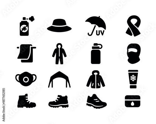 Outdoor Protection Icons. Outdoor protection. Solid icon set of outdoor protection: insect repellent spray, wide-brim hat, UV umbrella, cooling