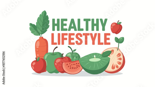 Illustration of healthy lifestyle with fresh fruits and vegetables.