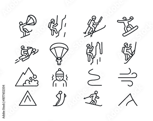 Extreme Winter Sports Icons. Extreme winter sports. Line icon set of Extreme winter sports: snowkiting jump, ice climbing, backcountry skiing, snowboarding