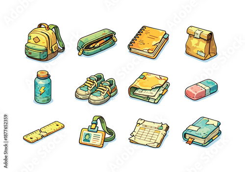 Student Essentials Icons. Student belongings. Colorful isometric vector icons set of student belongings: old backpack, worn pencil case, faded notebook, frayed