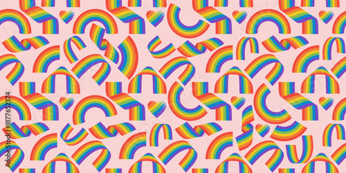 Seamless pattern Happy pride month. LGBT issues of diversity spectrum vector illustration. Diverse colorful rainbow doodle background. Multicolor rainbows cartoon in funny hand drawn style.
