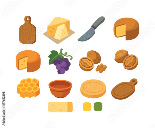 Rustic Cheese Board Icons. Rustic cheese board. Colorful flat vector icons set of Rustic cheese board: raw wood board, farmhouse cheese, linen cloth, rough