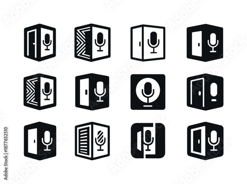 Music Studio Logos. Music studio. Icon set. Set Logo of music studio: soundproof booth. harmonious logo variations of the same emblematic concept, each with