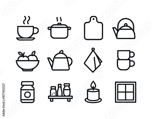 Kitchen Icon Set. Home kitchen mood. Line icon set of Home kitchen mood: steaming cup, warm pot, cutting board, fruit bowl, tea kettle, dish towel, spice jar,