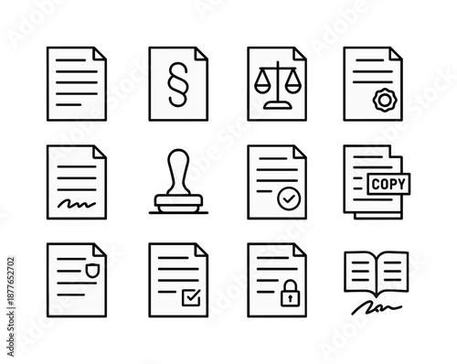 Legal Icon Set. Legal paperwork. Line icon set of Legal paperwork: legal document, clause paragraph, law scale symbol, contract seal, witness signature line,