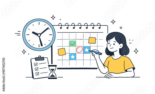 Efficient Task Management. Time management strategy. A character prioritizing tasks on a calendar with highlighted dates and a clock icon nearby. Sense of
