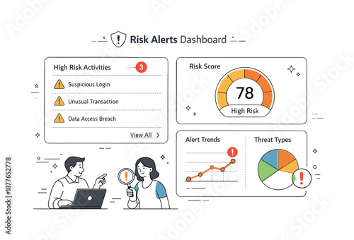 Risk Alert Dashboard. Risk scoring and alerts. A dashboard highlighting flagged activities with clear indicators. Proactive prevention and clarity, simple