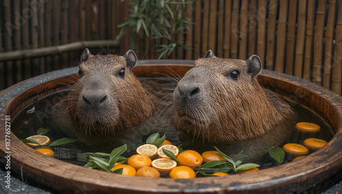 木桶と竹垣に囲まれた和の露天で柚子と戯れるカピバラ