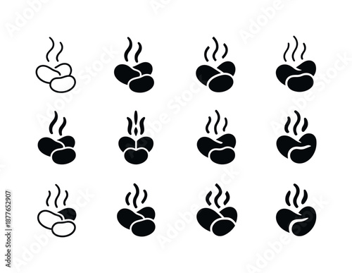 Cooked Beans Icons. cooked beans. Icon set. Set Logo of cooked beans: steaming beans. harmonious logo variations of the same emblematic concept, each with