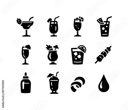 Fruity Cocktails Icons. Fruity cocktails. Solid icon set of fruity cocktails: strawberry daiquiri, mango smoothie cocktail, berry fizz, watermelon cooler,