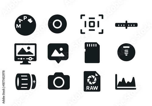 Photographer Workflow Icons. Photographer workflow. Solid icon set of photographer workflow: camera settings dial, shutter button, focus grid, light meter,