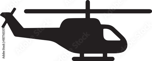 A simple black silhouette icon of a helicopter flying across a white background