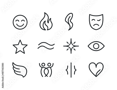 Dance Emotion Icons. Dance Emotions. Line icon set of Dance Emotions: joy expression, passion flame, elegance curve, dramatic mask, confidence star, harmony