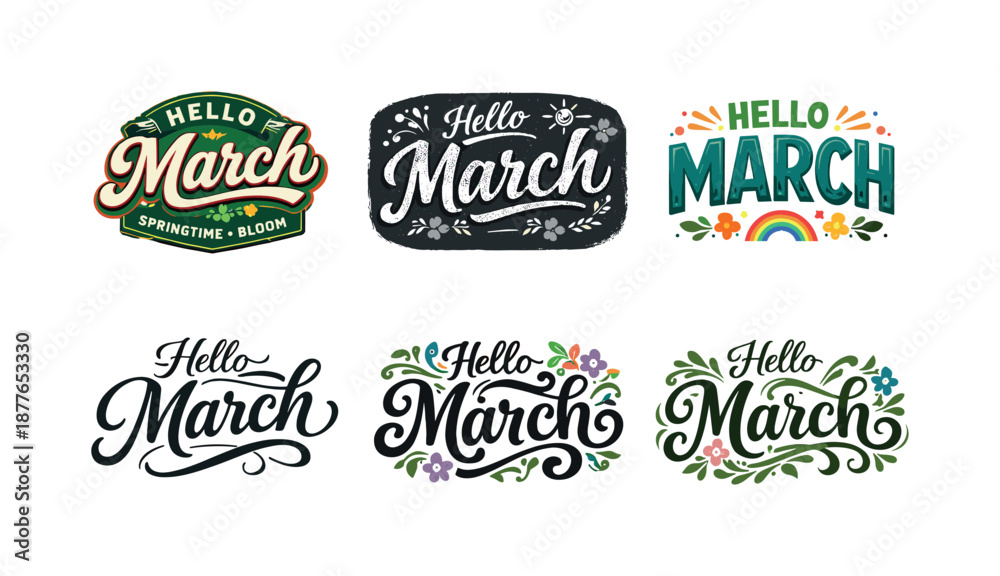 Fototapeta premium March Lettering Variations. March seasonal words. Set lettering. harmonious lettering variations of the same emblematic concept, each with different artistic
