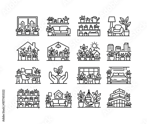 Urban Greenery Icons. Urban Home Greenery. Line icon set of Urban Home Greenery: city apartment plants, indoor green lifestyle, urban nature decor, plant