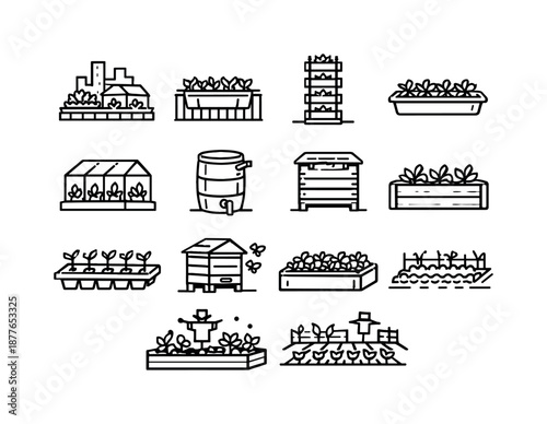Urban Farming Icons. Urban farming. Line icon set of urban farming: rooftop garden, balcony planter, vertical farm tower, hydroponic tray, city greenhouse,