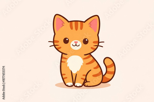 Cute orange cat sitting with a happy expression on a light background