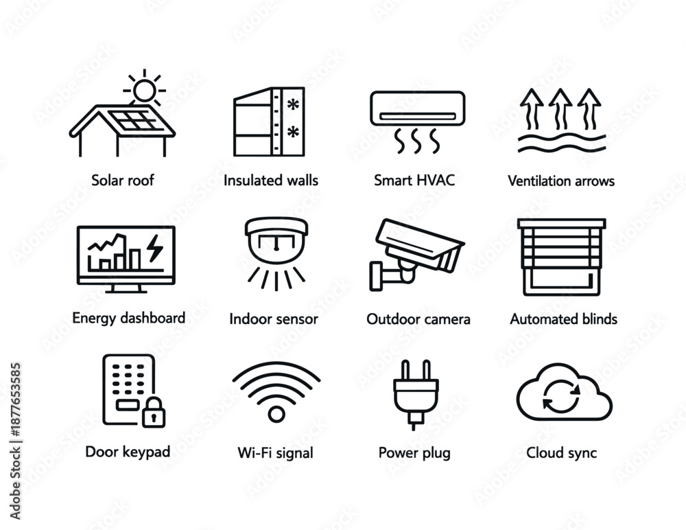 Fototapeta premium Smart Architecture Icons. Smart architecture features. Line icon set of Smart architecture features: solar roof, insulated walls, smart HVAC, ventilation