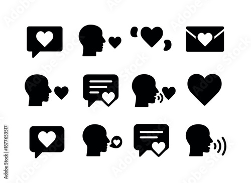 Heart Language Icons. Heart language. Solid icon set of heart language: heart speech bubble, soul talk, love quote, kind message, true voice, heartfelt words,