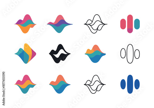 Abstract Sound Logos. Abstract shapes and colors representing sound. Icon set. Set Logo of abstract shapes and colors representing sound: layered frequency