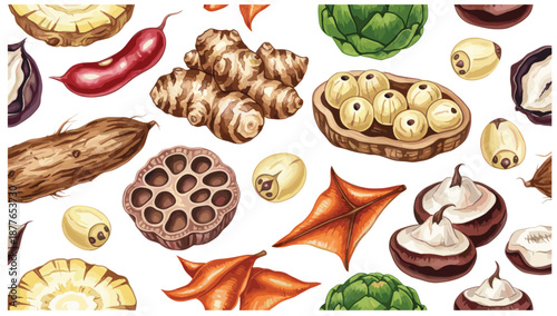 Hand illustrated tropical vegetables and organic roots collection with earthy colors on white background.
