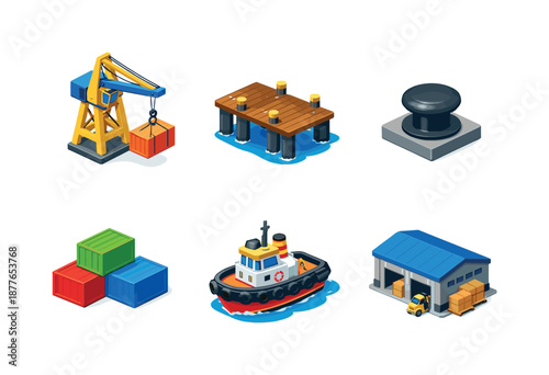 Colorful Harbor Icons. Harbor. Isometric flat vector icons set of harbor: cargo crane, dock pier, mooring bollard, container stack, harbor tugboat, port