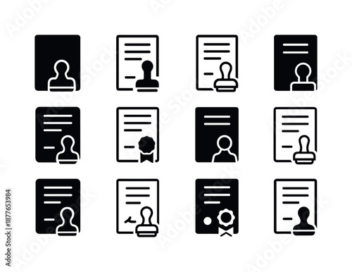 Job Contract Icons. Job contract. Icon set. Set Logo of Job contract: Contract stamp seal: Filled silhouette, Minimal outline, Stylized detail, Iconic shape,
