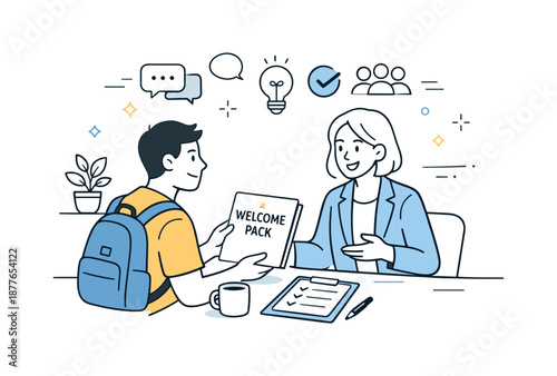 Friendly Onboarding Scene. Employee onboarding. New employee meeting a manager and reviewing welcome documents, calm and friendly first-day atmosphere. Sense
