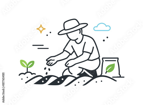 Minimalist Farming Icon. Planting seeds agriculture icon. Minimal scene showing a farmer placing seeds into prepared soil, expressing patience and care. Modern
