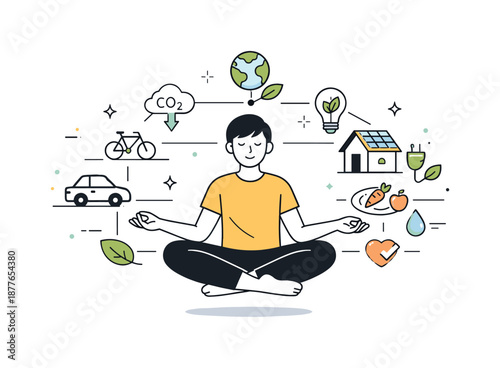 Eco Lifestyle Balance. Sustainable lifestyle tracking. Person balancing daily activities like transport, home energy, and food choices with eco indicators.
